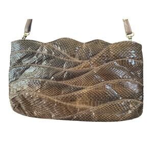 Vintage 70s Sylvia Snakeskin Convertible Clutch Shoulder Bag Brown 11"x7"